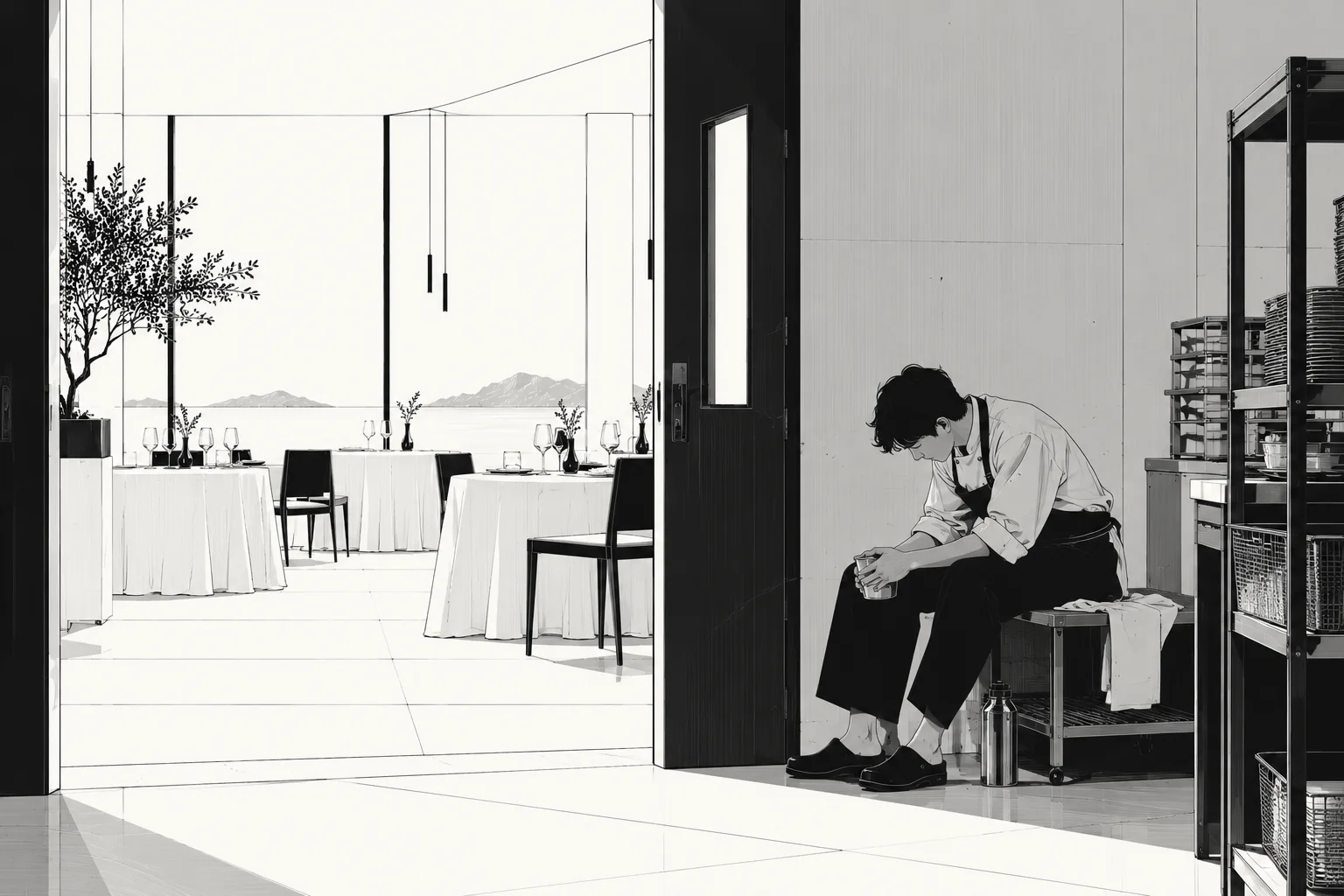 A cook takes a quiet break behind the dining room doors.